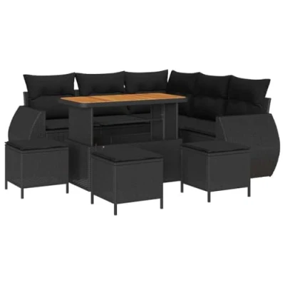 Afbeelding van vidaXL 9 delige Tuin Sofa Set met Kussens Zwart Poly Rattan Acacia, 4 Eet Acacia