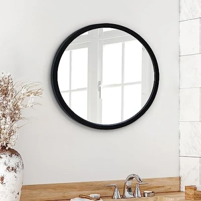 Afbeelding van Americanflat 51 cm ingelijste zwarte ronde spiegel cirkel voor badkamer, slaapkamer, entree, woonkamer grote wandspiegel wanddecoratie