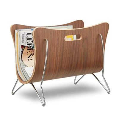 Afbeelding van Relaxdays lectuurbak, met handvaten, robuust, hout, metaal, HBD 30 x 37 25 cm, moderne tijdschriftenhouder, krantenbak