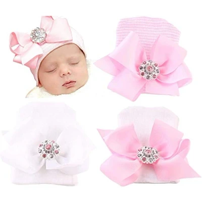 Afbeelding van Dreshow Mutsje voor pasgeborenen, schattig model met grote strik, 3/4 stuks, 3 stuks Bow Knit Rhinestone Ribbon/0 maanden, Eén maat