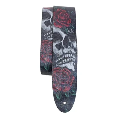 Afbeelding van Perri&#039;s Leathers Ltd. Gitaarband Direct naar leer Skull And Rose Verstelbaar Voor Akoestische/Bas/Elektrische Gitaren Gemaakt in Canada (P25DTL 11039)