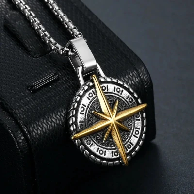 Afbeelding van Ketting Heren met Kompas Hanger Zeevaarder Staal Goud Kleurig Kettingen Cadeau voor Man Mannen Cadeautjes