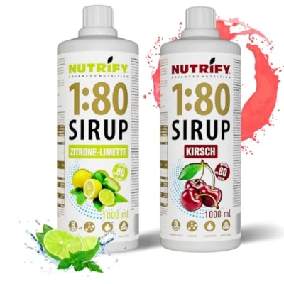 Afbeelding van NUTRIFY Vital Fitness Drink 1:80 siroop 2x1 L set citroen limoen &amp; kers, drankconcentraat met vitaminen carnitine suikervrij 160 liter sportdrank caloriearm 2 pack, 2x 1000 ml