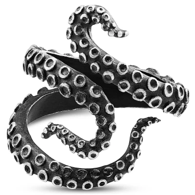 Afbeelding van Stalen en Zwarte Ring met Octopustentakels
