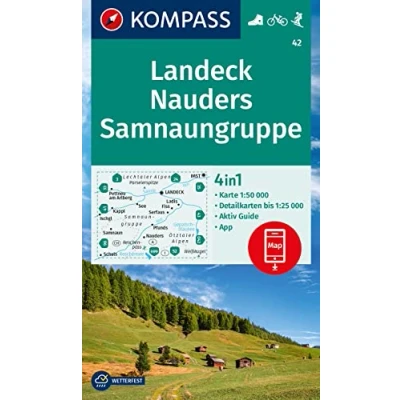 Afbeelding van Carta escursionistica Kom 42. Landeck, Nauders, Samnaungruppe: 4in1 Wanderkarte, mit Aktiv Guide und Detailkarten inklusive Karte zur offline Verwendung in der KOMPASS App. Fahrradfahren. Skitouren.