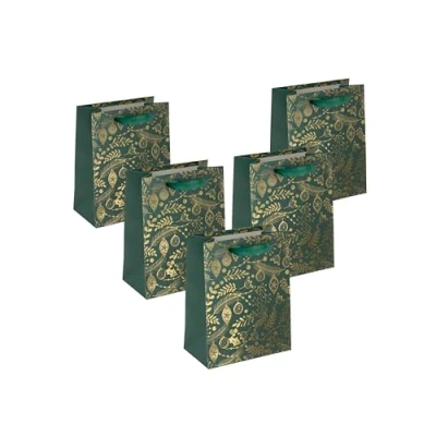 Afbeelding van SIGEL GT119 middelgrote premium cadeauzakjes van papier, 5 delige set, 18 x 23 cm, groen, goud, papieren cadeautasjes Kerstmis