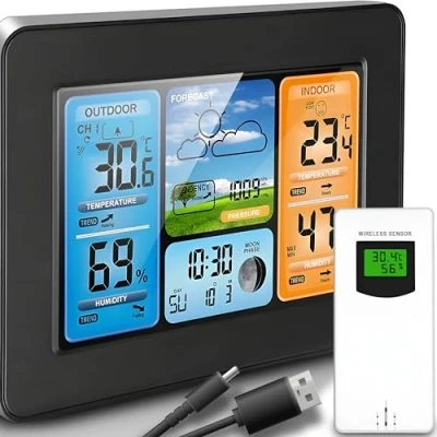 Afbeelding van Retoo Multifunctioneel draadloos weerstation met buitensensor en digitaal kleurendisplay, weersvoorspelling, thermometer, hygrometer, barometer, maanfase 60 m bereik (zwart/zilver).