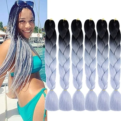 Afbeelding van 6 stuks vlechten haarverlengingen synthetisch jumbo vlechthaar kanekalon haar extensions voor crochet twist (black to grey) ..
