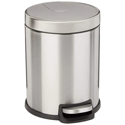 Afbeelding van Amazon Basics Prullenbak, geborsteld roestvrij staal, cilindervormig, rond, met voetpedaal, 5 liter