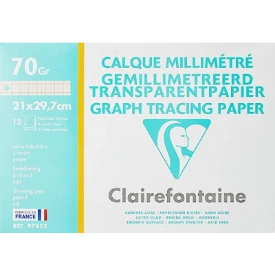 Afbeelding van Clairefontaine Ref 97952C Graph Tracing Paper (Pack van 12 vellen) 24 x 32 cm groot, 70/75 g/m² papier, zuurvrij, bruine grafiek uitspraken, PEFC gecertificeerd