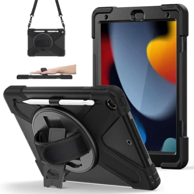 Afbeelding van Junfire Hoes voor Ipad 9e/8e/7e Generatie 10.2 inch 2021/2020/2019,Schokbestendige met 360Draaibare Handgreep Standaard Robuuste Schokbestendige &amp; Schouderriem Potloodhouder