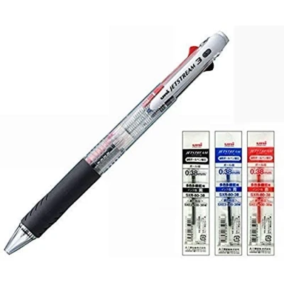 Afbeelding van Uni Balpen Jetstream 3 Kleur Zwart Rood Blauw Inkt 0.38mm Transparant (SXE340038.T) + 0.38 Refill