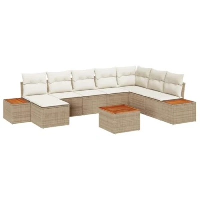 Afbeelding van vidaXL 9 Delige Tuin Sofa Set met Kussens Beige Poly Rattan Acacia, 3 Eettafel Acacia