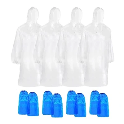 Afbeelding van 4 stuks regenponcho, transparant, regencape met capuchon, uniseks, regenbescherming voor concerten, wandelen, fietsen, kamperen, outdoor, wegwerp poncho, levering paar overschoenen
