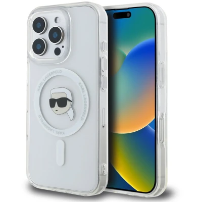 Afbeelding van Karl Lagerfeld iPhone 16 Pro Max Backcover hoesje Magsafe metal Wit Transparant