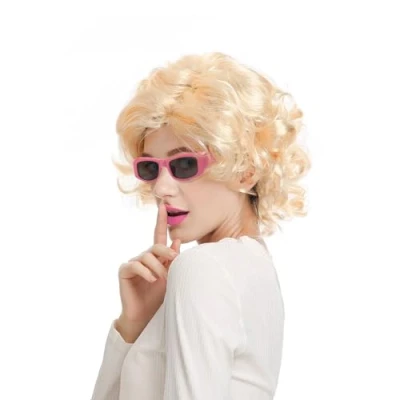 Afbeelding van SKHAOVS Blonde pruik voor dames, synthetisch, kort, krullend, Halloween, carnaval, cosplay, kostuums met pony, lichtblond, oude damespruik, kort omapruik, Halloween (blond)