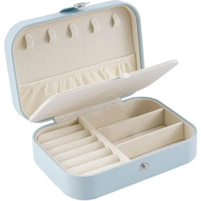 Afbeelding van Reissieradendoos PU leer Dames kleine Sieradenopbergdoos Dubbellaags draagbare sieradendoos Geschikt voor oorbellen, ringen, kettingen, armbanden (blauw)
