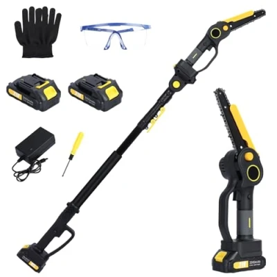 Afbeelding van 2 in 1 accu hoogsnoeier en 6 inch elektrische kettingzaag, mini kettingzaag met accu, x 2000 mAh borstelloze motor, telescopische heggenschaar, takkenzaag, telescoopsteel, hoogte tot 3,5 m