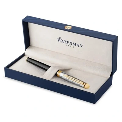 Afbeelding van Waterman Hémisphère rollerbalpen metaal en zwarte lak met gouden detail gebeitelde dop fijne punt Geschenkdoos