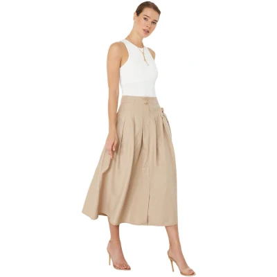 Afbeelding van Trendyol Beige Geplooide, Gedetailleerde Midi Lengte Geweven Rok Met Knopen Aan De Voorkant Twoss24Et00169