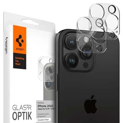 Afbeelding van Spigen Glas.tR Optik Camera Screenprotector compatibel met iPhone 15 Pro, Pro Max, 2 Stuks, Kristalhelder, Geen storing voor flitsfunctie, 9H Gehard Glas