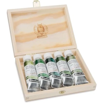 Afbeelding van Schmincke HORADAM® AQUARELL, super Granulatie Set Bos, 5 x 15 ml tubes, 74 851 097, houten doos, zeer sterk granulerende kleuren, fijnste, aquarelverf