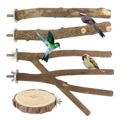 Afbeelding van Natuurlijke zitstokken, 5 stuks, natuurlijk hout, vogelstandaard, vogelkooi, accessoires, vogelspeelplaats voor vogels, parkieten, valkparkieten, kanaries