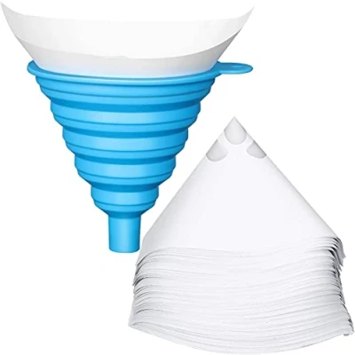 Afbeelding van ZUZGO Lakzeef, lakfilter, kleurzeef, 201 stuks, lakaccessoires, 100 micron filter voor auto, watertransferdruk, conisch papier met nylon zeef, wegwerp hars opvouwbare siliconen trechter