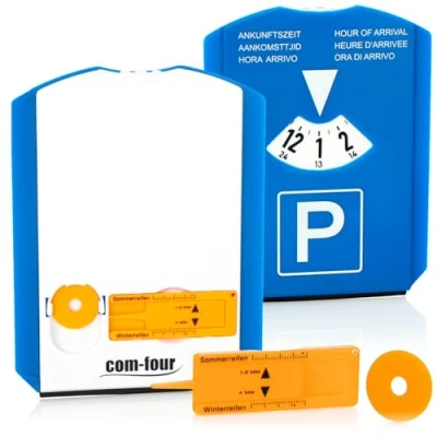 Afbeelding van COM FOUR® 2x parkeerschijf met ijskrabber, rubberen lip en winkelwagenchip bandenprofielmeter kunststof parkeermeter (02 stuks chip + profielmes)