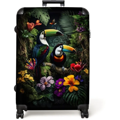 Afbeelding van NoBoringSuitcases.com® Koffer groot Reiskoffer lichtgewicht Toekan Bloemen Tropisch Jungle Vogel Rolkoffer met 4 wielen Grote trolley XL 98 liter bagage
