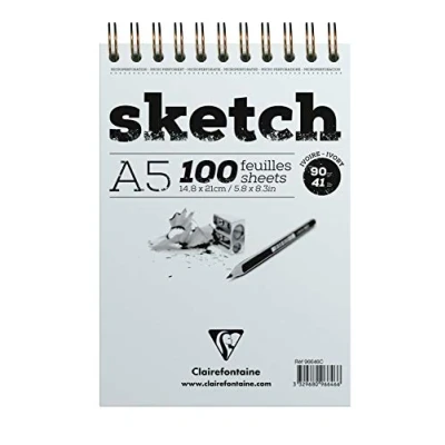 Afbeelding van Clairefontaine Ref 96646C Ivory Wirebound Sketch Pad (100 vellen) A5 (148 x 210mm) in formaat, 90gsm papier Geschikt voor schetsen met potlood, houtskool
