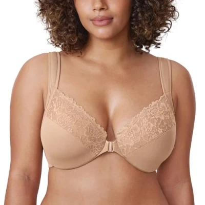 Afbeelding van DELIMIRA Dames Voorsluiting BH met beugel Kant Large Size Volledige cups zonder inzetstukken Warm Beige 105C