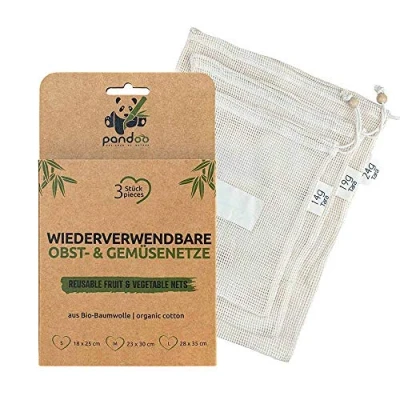 Afbeelding van Pandoo Ecologische Groente Fruitnetjes 3 stuks Bamboe kraal Gewichtsinformatie Herbruikbaar