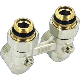 Afbeelding van Rehau h onderblok recht haaks messing vernikkeld 1 2 buitendraad 3 4 euroconus eenpijp tweepijp hartafstand 50mm 12407371001