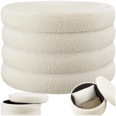Afbeelding van tectake® Poef Altu XL Bouclé Zithocker met Opbergruimte Crèmewit, Ø 67 x 42 cm Stevig MDF frame Max. 150 kg