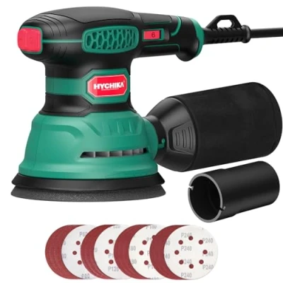 Afbeelding van HYCHIKA excentrische schuurmachine, 300 W, 12000OPM excenterschuurmachine, 6 snelheden, compacte schuurmachine 125 mm, met 16 stuks schuurpapier, voor het slijpen, polijsten van hout en