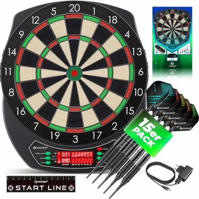 Afbeelding van KESSER® Elektronisch Dartbord Profi Set Darts Elektrische 15 dartpijlen + 35 Pro flights 100 pijlpunten accessoires, dart voor 1 tot 8 spelers innovatieve Dartmachine Klassiek met LCD