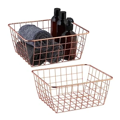 Afbeelding van Relaxdays opbergmand metaal set van 2 draadmandje roségoud badkamermand keuken