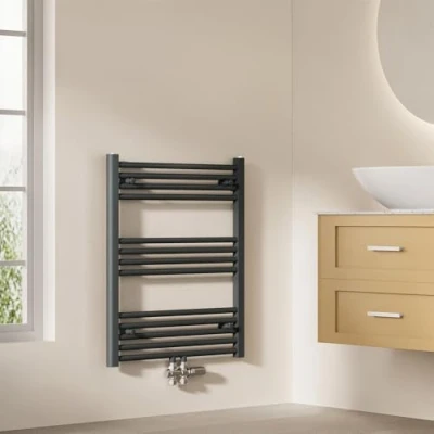 Afbeelding van EMKE badkamerradiator 75 x 60 cm, handdoekradiator centrale aansluiting handdoekhouder handdoekverwarmer handdoekdroger handdoek radiator kleine badkamer handdoekverwarming antraciet