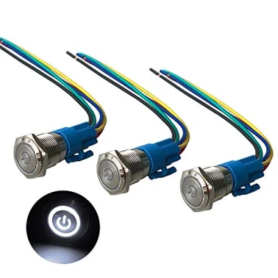 Afbeelding van QitinDasen 3 stuks premium 12V/24V 5A zelfsluitende vergrendelende drukknopschakelaar, 16 mm auto ontsteking startschakelaar, wit LED licht roestvrij staal IP67 waterdichte schakelaar met socket plug