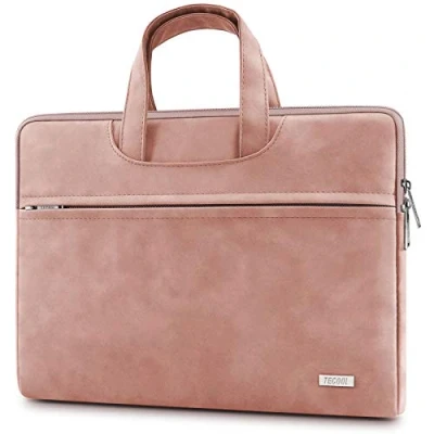 Afbeelding van TECOOL 13 13,5 Inch Laptop Sleeve, 14 Ultrabook Laptoptas NoteBook Hoes Cover Leather Aktetashoes met Handvat voor 2010 2021 Macbook Air / Pro 14, MateBook D14 Oranje Roze