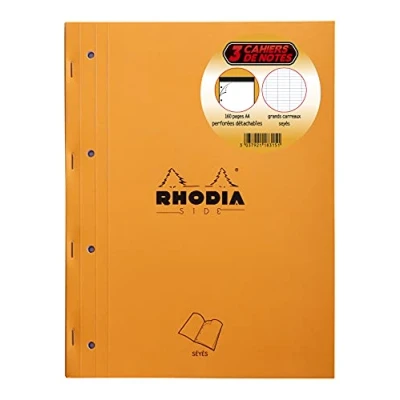 Afbeelding van RHODIA 118315C set van 3 notitieblokken aan de zijkant oranje A4 grote ruitjes Seyès 80 afneembare vellen perforatie 4 gaten, wit Clairefontaine papier, g/m