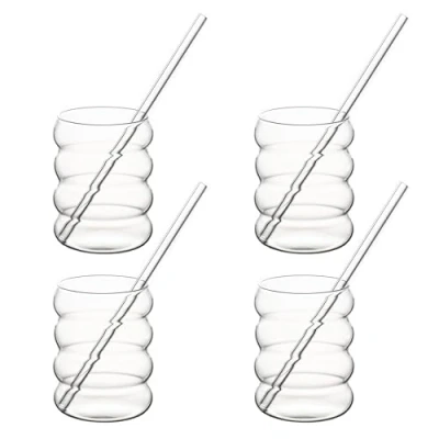 Afbeelding van Hanseküche Bubble glazenset met glazen rietje, 4 x 350 ml, ideaal voor ijskoffie, water en cocktails, set longdrinkglazen, ijskoffieglazen, koffieglazen, Iced Coffee glas