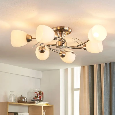 Afbeelding van Lindby plafondlamp 6 lichts glas, metaal H: 18 cm E14 wit, mat nikkel