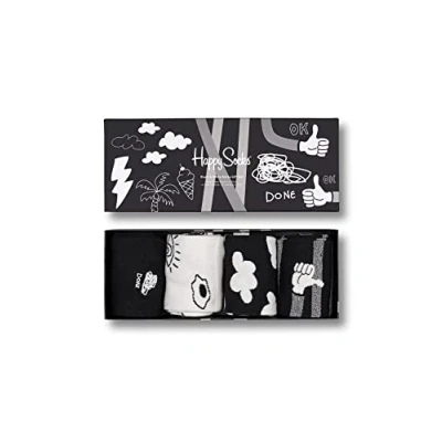 Afbeelding van Happy Socks heren Black &amp; White sokken met print in 4 pack giftbox de kleur Zwart, maat: 41/46