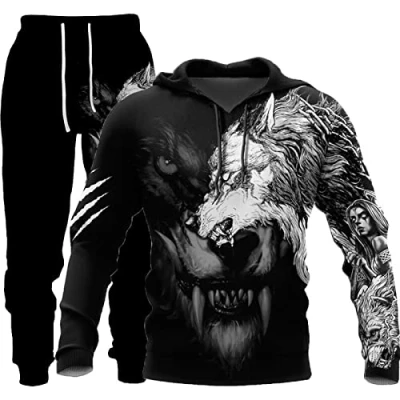 Afbeelding van LEXAHO Uniseks 3D Wolf Print Hoodie Heren Joggingpak Unisex Sweatshirts Hoody + Broek Sets S 6XL, Hoodie11, 4XL