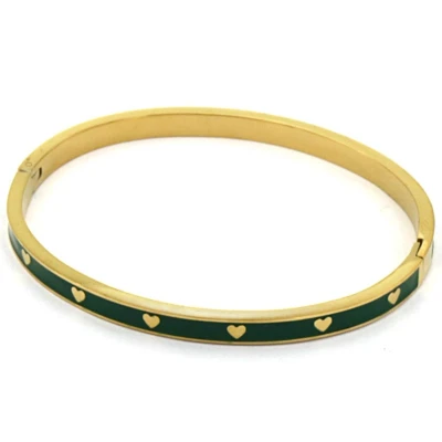 Afbeelding van Armband Dames Bangle Harten RVS One Size Goudkleurig en Groen