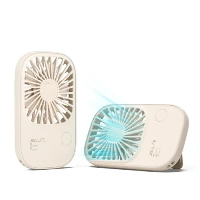 Afbeelding van JISULIFE Handventilator mini ventilator, kleine ventilator portbale met beugel, USB oplaadbare wimperventilator 3 snelheden, make upventilator, voor kantoor, buiten, reizen, beige