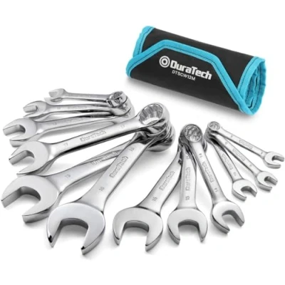 Afbeelding van DURATECH stompe metrische steeksleutelset, combinatiesleutelset met open uiteinde, 12 delig, 8 19mm, chroom vanadiumstaal, punts, draagtas