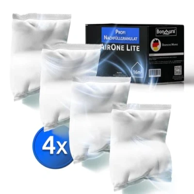 Afbeelding van BonAura® AirOne Lite luchtontvochtiger navulverpakking, 4 delige set, 450 g, granulaat, ontvochtiger, navulverpakking voor badkamer en keuken, bescherming tegen schimmel geuren